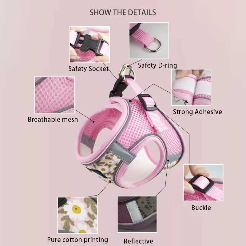 Floral Pet Harness and Leash Set for Cats Small Dogs Reflective Harness Anti Escape Mesh Cat Chest Strap Pet Walking SuppliesT250318