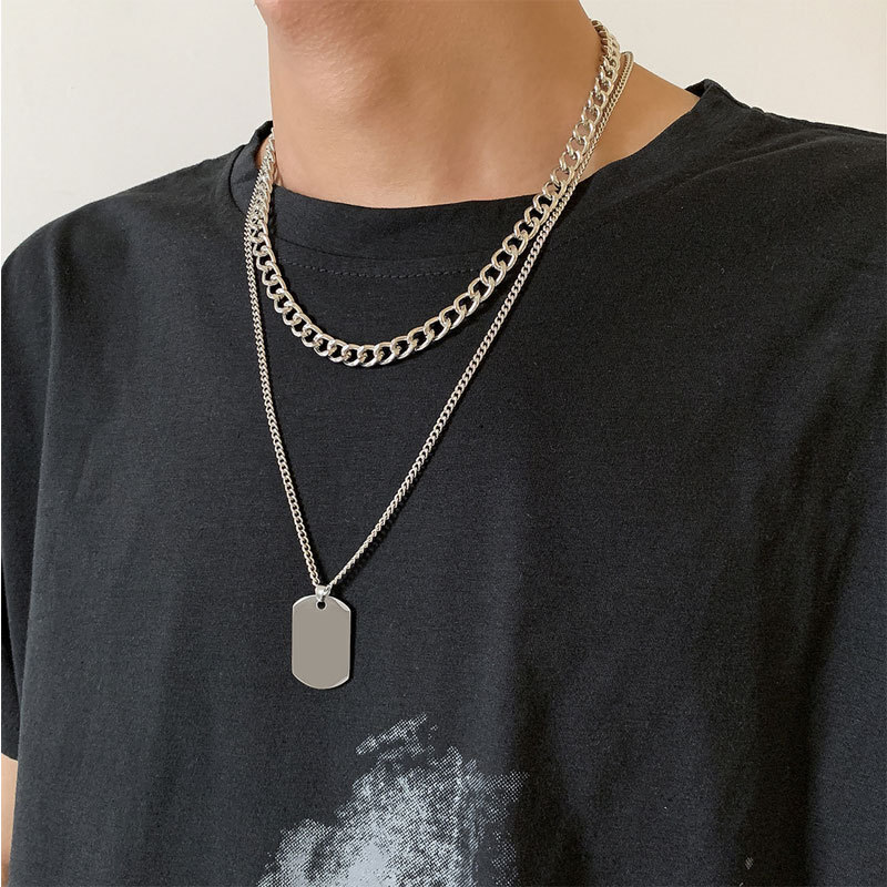 Hee Ha Men Double Pendant Necklace Titanium Steel Tag Metal Chain Sweater Chain Jewelry