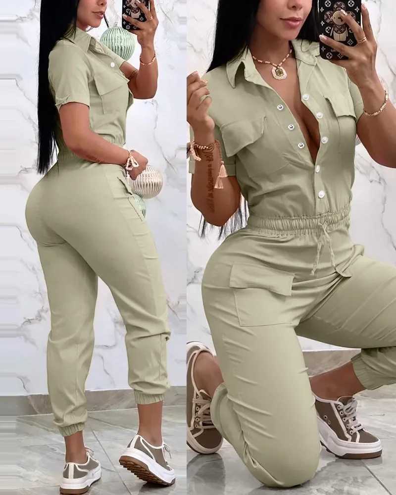 New womens workwear with short sleeves and Sly pocket design featuring a lapel elastic waist brushed cuffs and cargo jumpsuit X250318