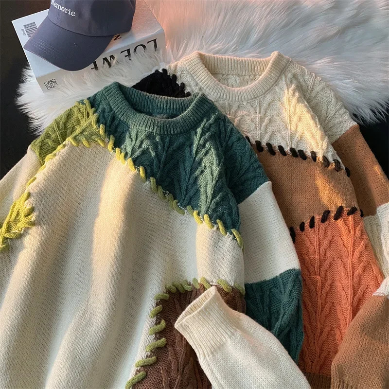 Trendy Niche Korean Style Mens Womens Sweater Casual Crew Neck Knitted Top Soft Supple AutumnWinter Fuzzy Lazy Loose-Fit 250318