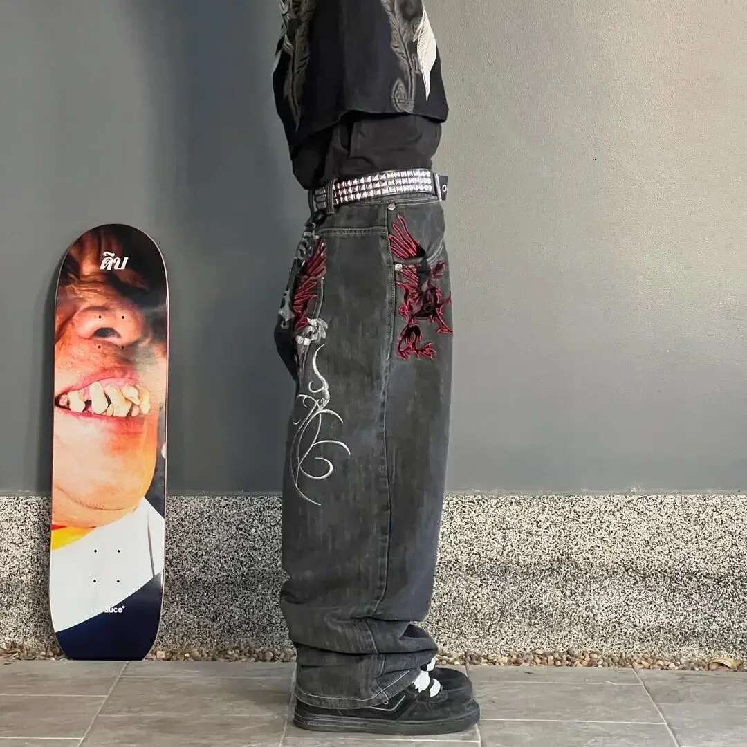 Streetwear Wide Leg Men Y2k Haruku Baggy Jeans Embroidery Pattern Hip Hop Vintage Denim Pants Straight Casual Trousers