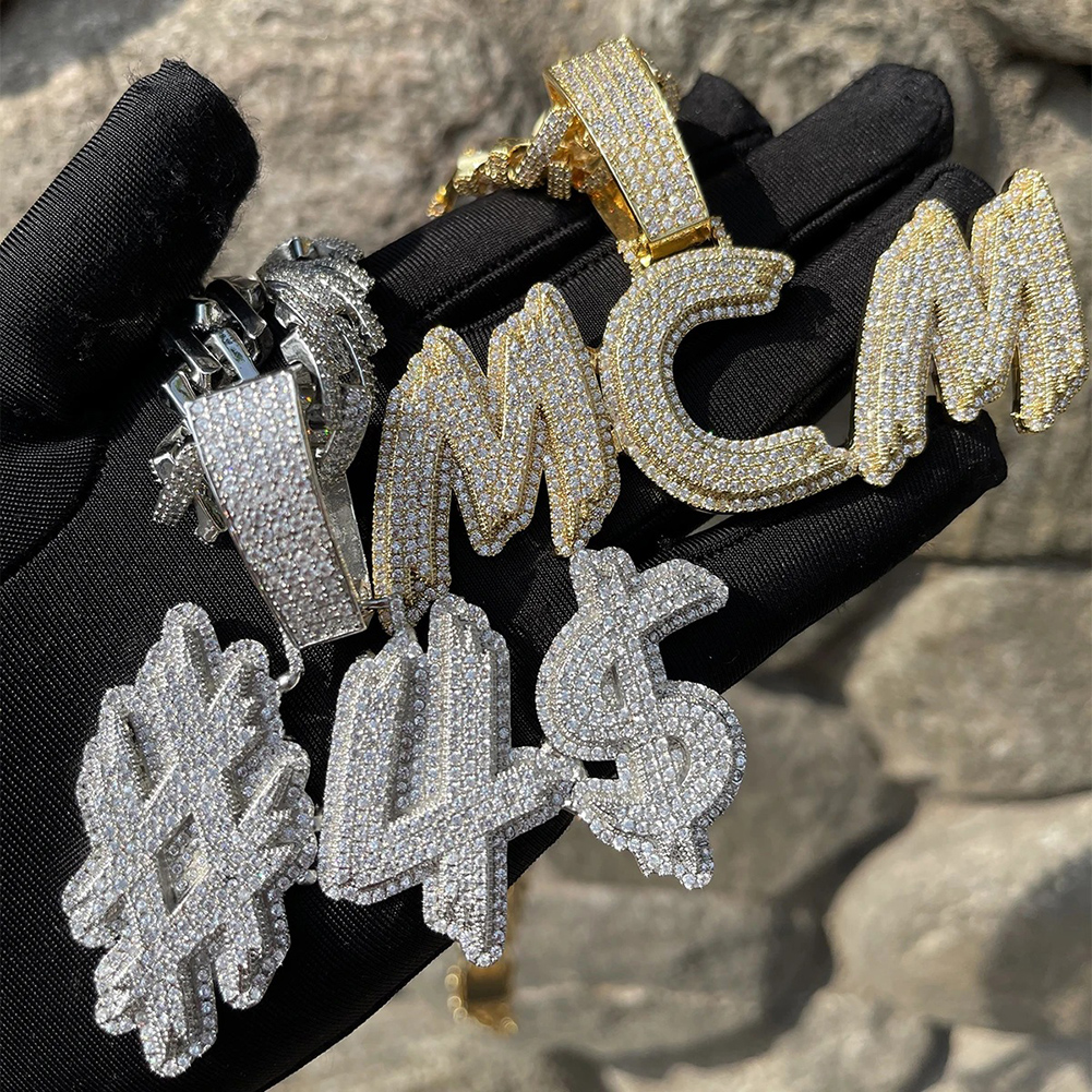 Custom Vintage Tilted Burr Letters A-Z Name Pendant Necklaces 5A Zircon Real Gold Plated Full Zircons Jewelry