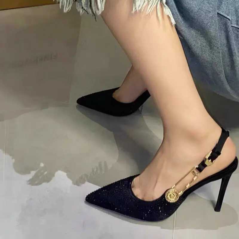 2025 Summer Black Pump New Pointy Diamd High H Wen Beautif Sexy Hollow Bag E-Button Sandals Y250317