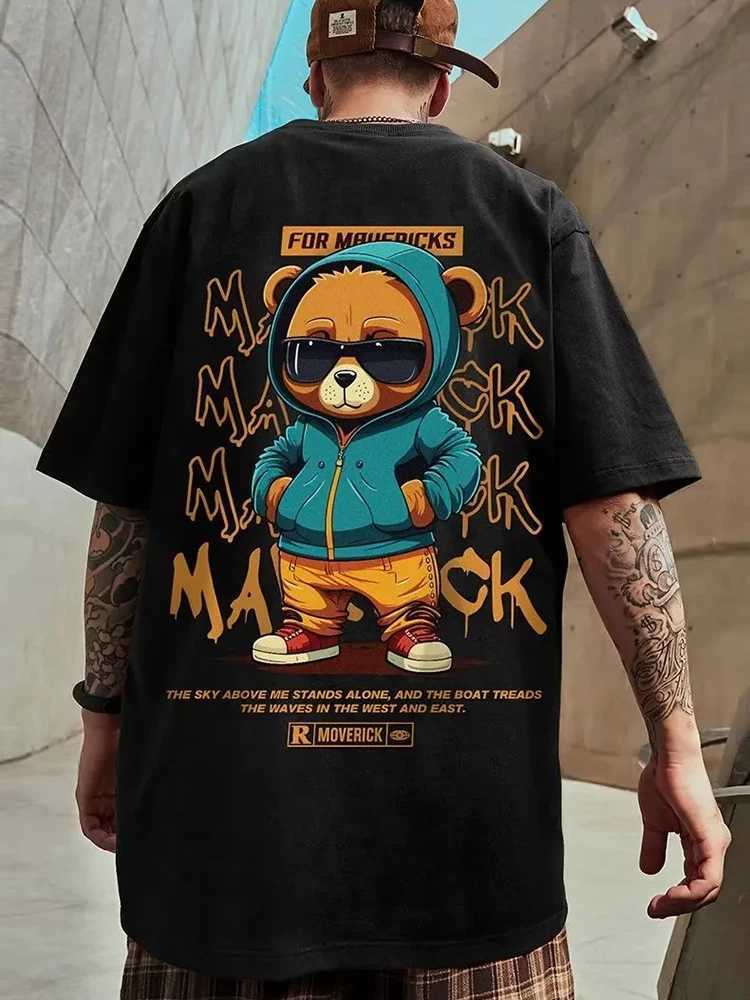 Cotton fashion bear pattern printed mens T-shirt round neck loose top breathable and comfortable casual oversized womens clothingXJ250318
