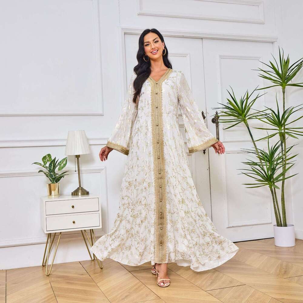 Mt084 Dubai Evening Muslim Clothing Dress Bottom Grab Flower Hot Stamped Fashion Robe