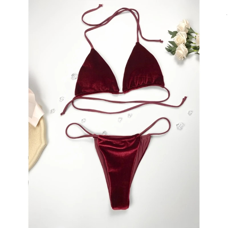 Summer Halter Bikini Set Backless Swimwear Two Pieces Swimsuit Beachwear Fashion Velvet Bathing Suits for Women Female 250318