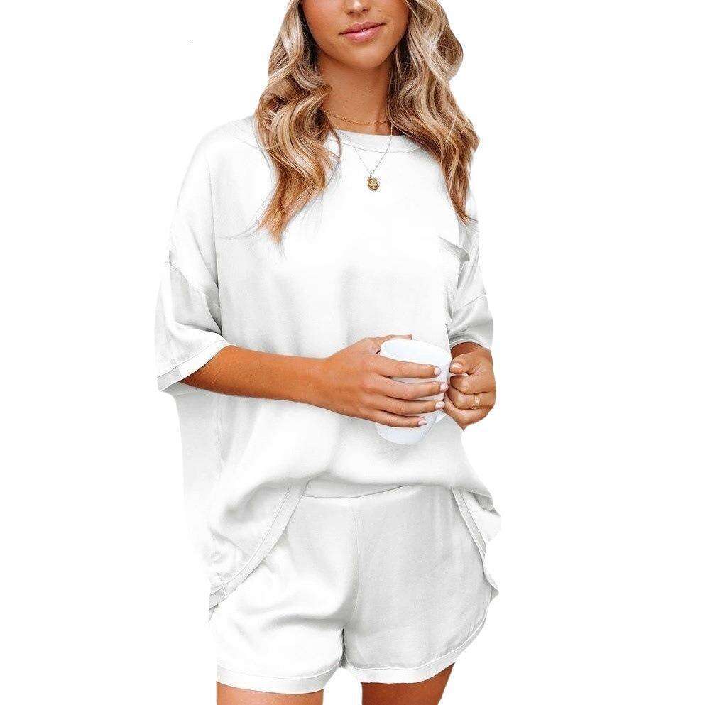 European and American Solid Color Chiffon Pamas Home Clothes Short Sleeve Shorts Loose Casual Two Piece Set 2025 Versatile Style New Trendy Clothing I