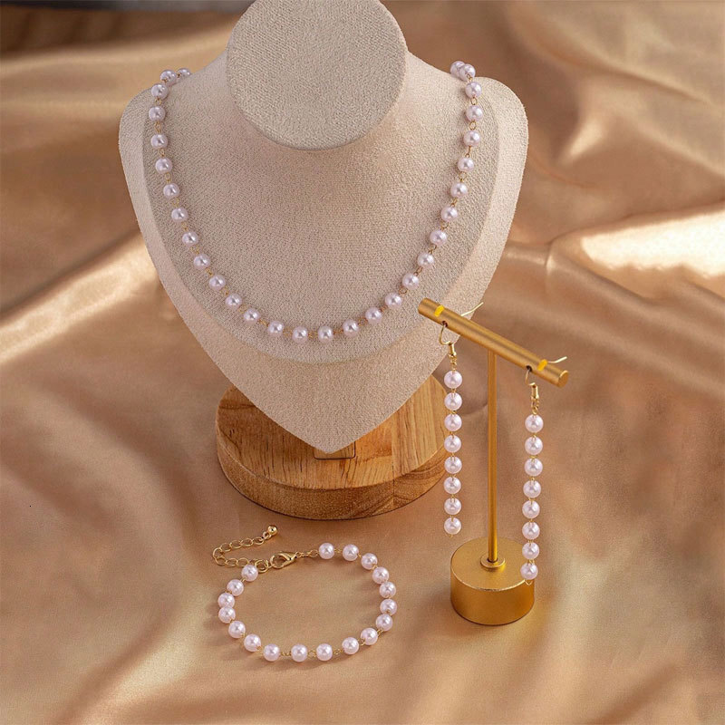 6mm Imitation Pearl Necklace Bracelet Earrings Three-piece Set Women's Beaded Chain Collar Hand Earrings