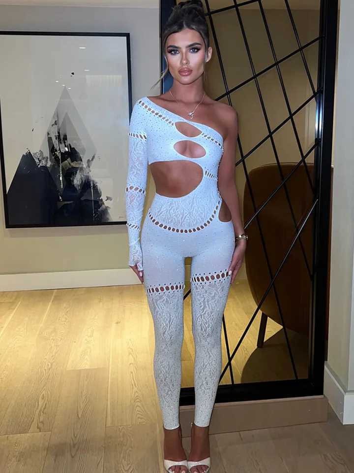 Sibybo sexy single rotating cuff hollow high elasticity jumpsuit glowing Rhinestone solid color Trouser sexy girl T-shirt X2503181