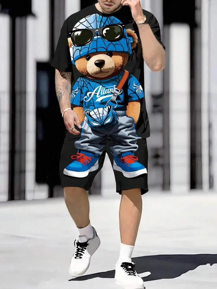 Cartoon Flower Print Summer Mens Short Sleeve Shorts Set Everyday Casual Mens T-shirt Outdoor Sports Mens Beach Shorts 250318