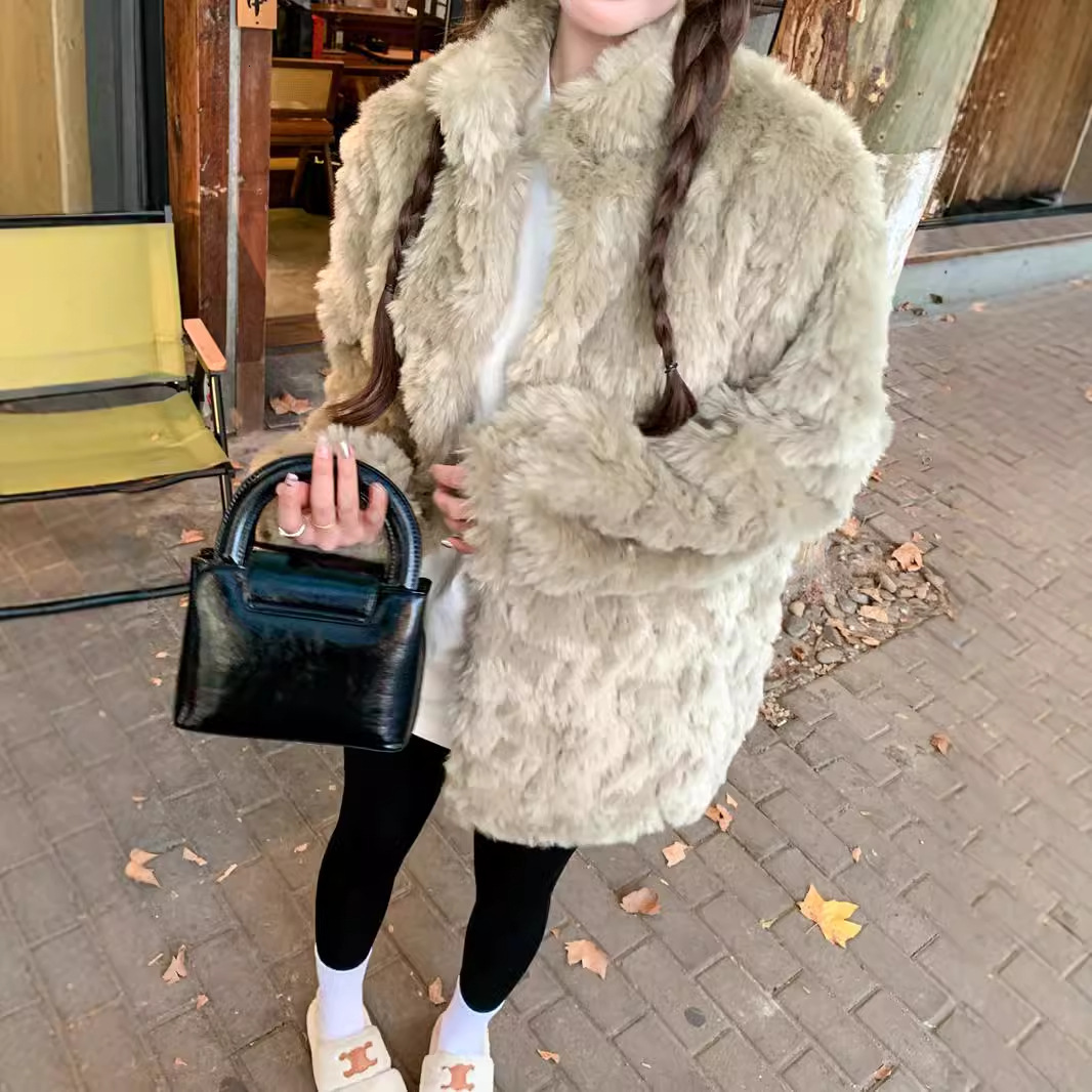 2024 winter standing collar lambhair jacket women's clothing Korean fashion medium long fur loose casual plush clothes