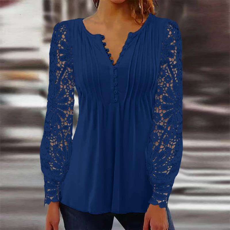 European American Spring and Autumn Women's Lace Sleeves Folded Solid Color Button T-shirt Bottom Shirt 2025 New Casual Versatile Fashion Clothin