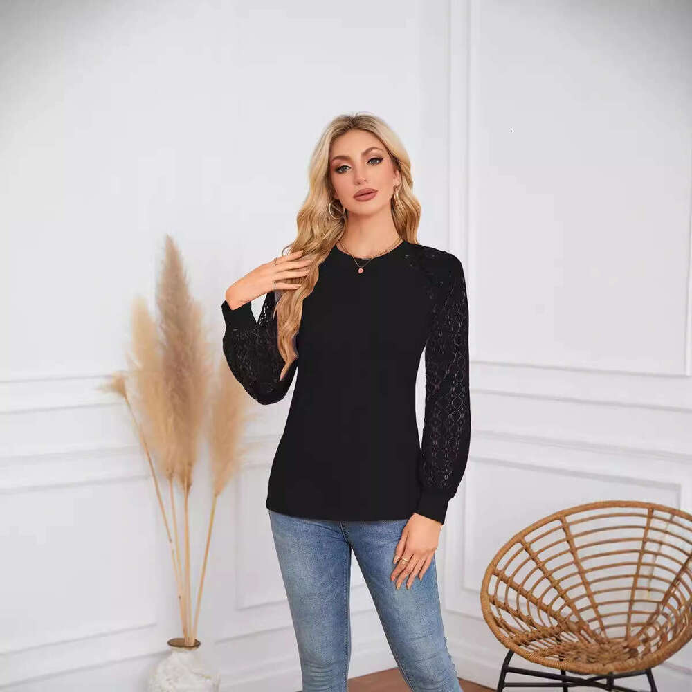 autumn winter popular European American women's lace patchwork round neck pleated long sleeved top T 2025 new style chic and elegant clothing