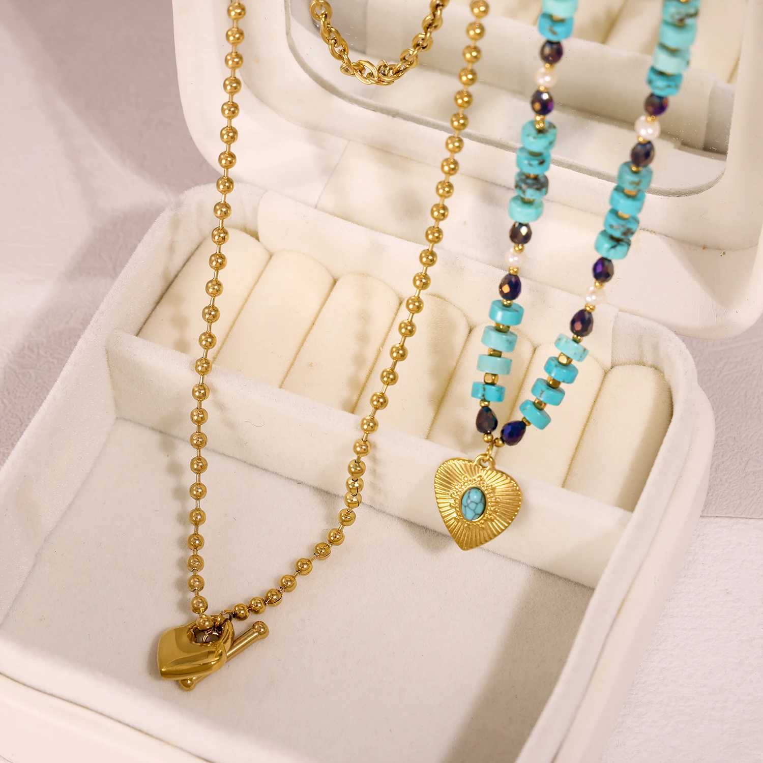 CARLIDANA Fashion Natural Stone Gold Color Turquoise Pendant Necklace Personality Multilayer Irregular Stainless Steel Jewelry W250318