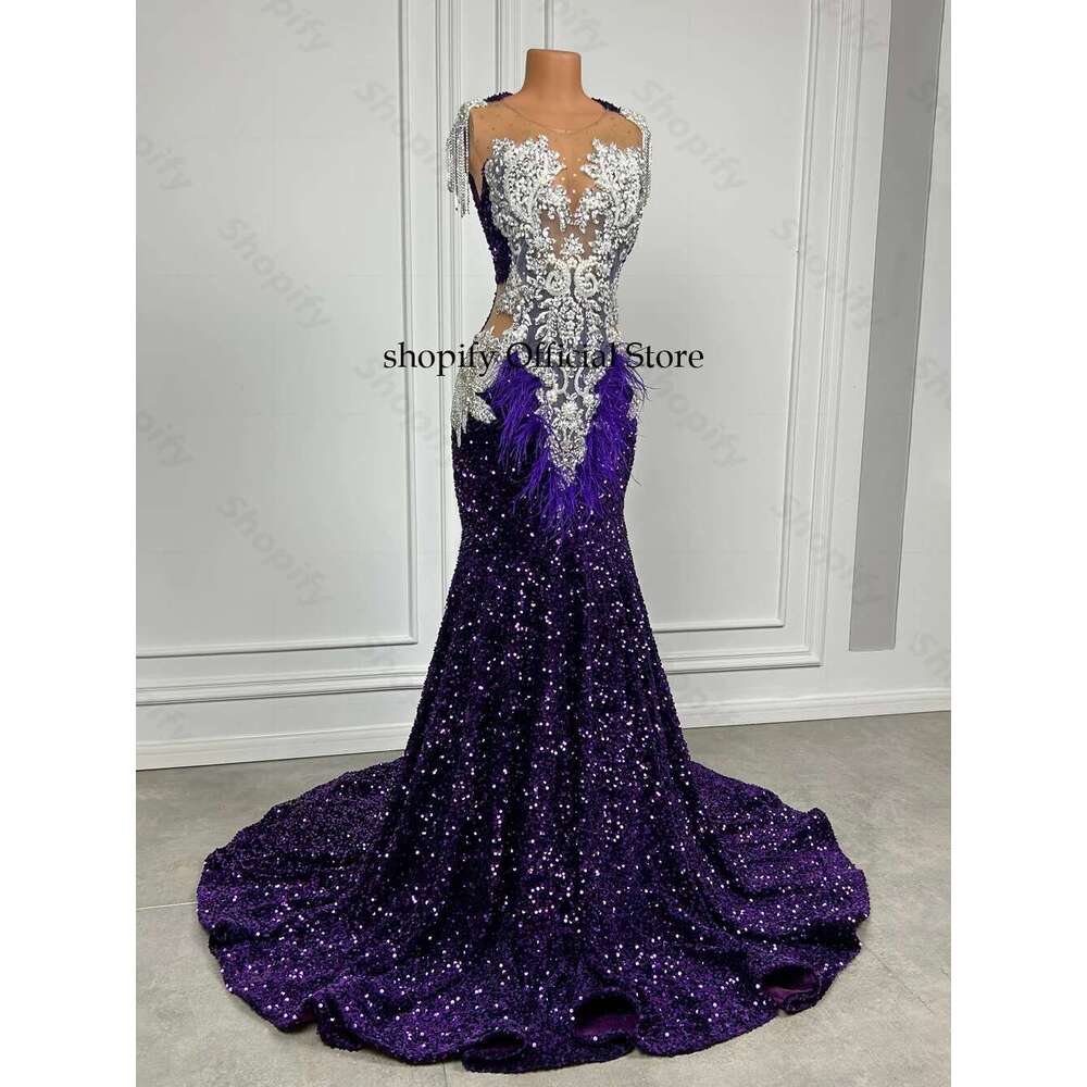 Long Purple Sequin Dresses 2025 For Black Girls Cut Out Beaded Crystal Feather Mermaid Prom Gala Gowns Customized Dr0318