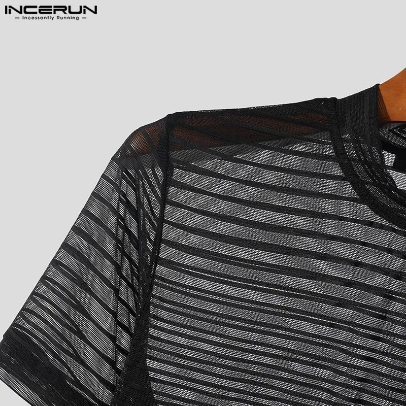 INCERUN Summer Short Sleeve Men T-Shirts Round Neck Short Sleeve Mesh Striped T Shirts Chemise Oversize Men Clothing S-5XL 250318