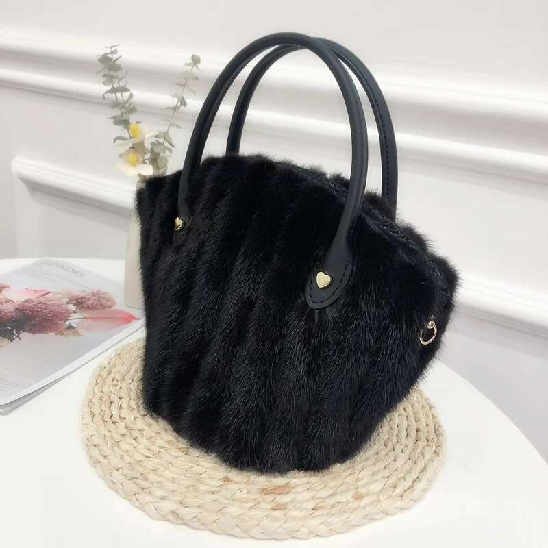 Mink Real Fur Bucket Women's Crossbody Shoulder Fashion Plush Handheld Ladies Shell Clutch Bag