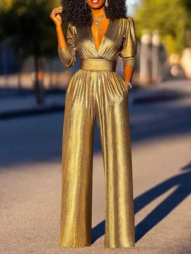 Uooz womens fashionable and sexy Dp V-neck high waist wide leg jumpsuit 2024 new one-third Slves solid color party set X2503181