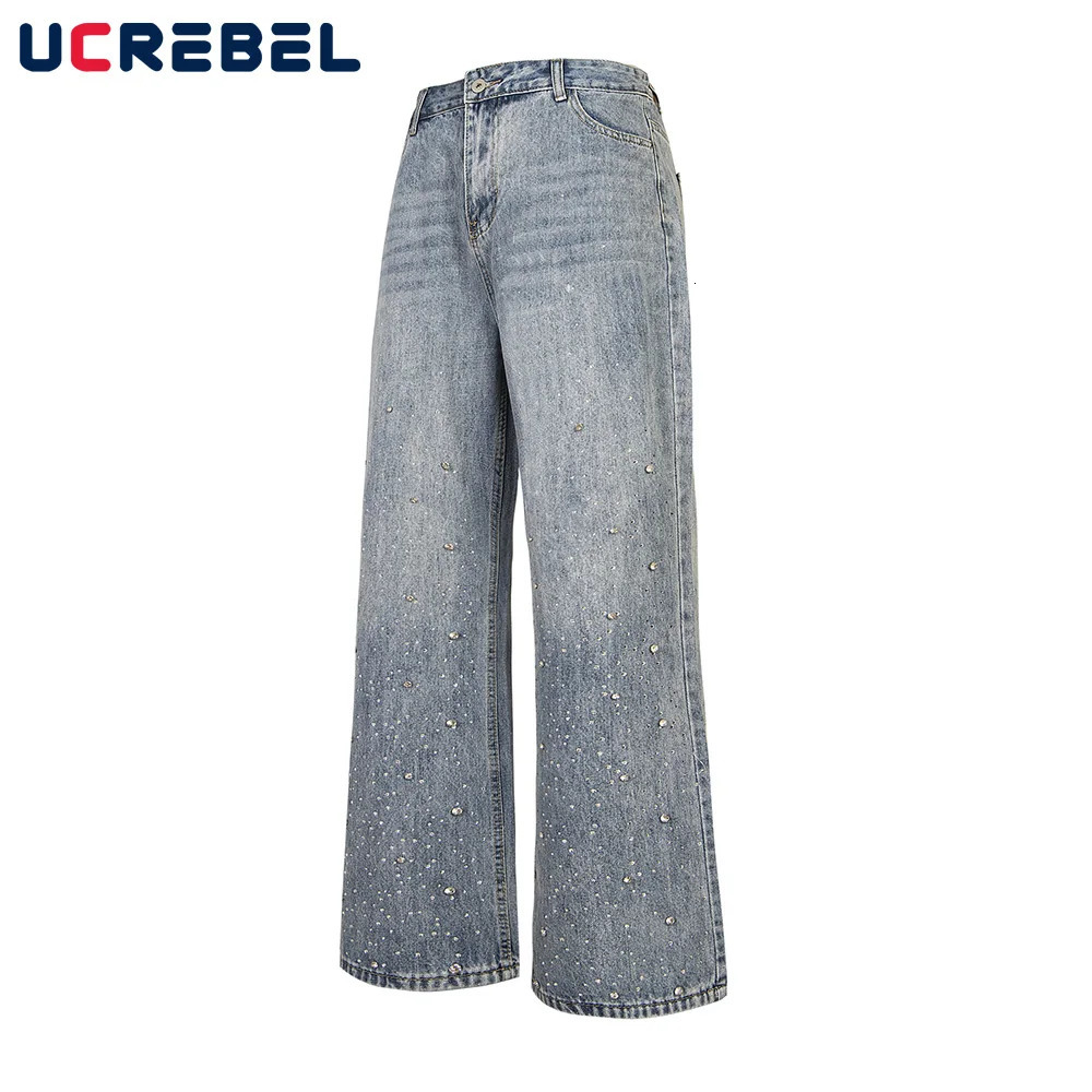 Rhinestone Washed Distressed Jeans Mens High Street Loose Straight Wide Leg Pocket Denim Pants Men Trousers 250318