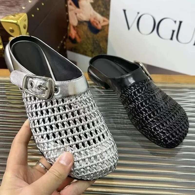Woven Slippers Women Shoes Round Toe Metal Buckle Casual Style Lazy Outside Wearing Women's Sandals