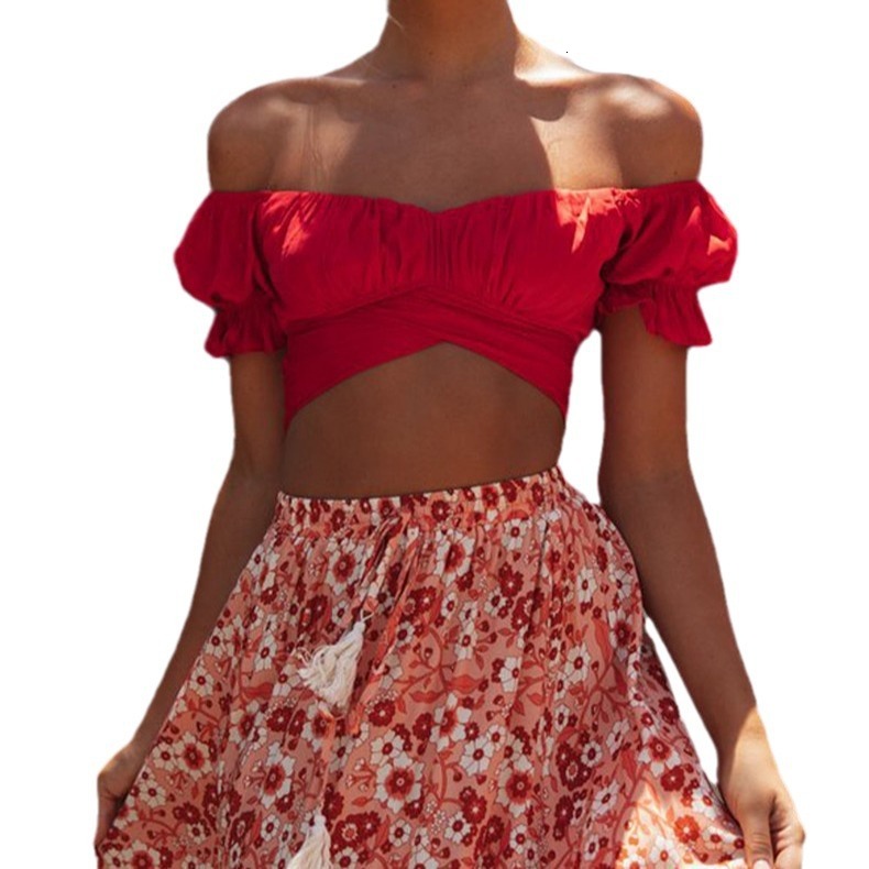 One Shoulder Low Cut Short Sleeved Bow Back Tie Sweet Solid Color Top Spicy Girl Women's Clothing