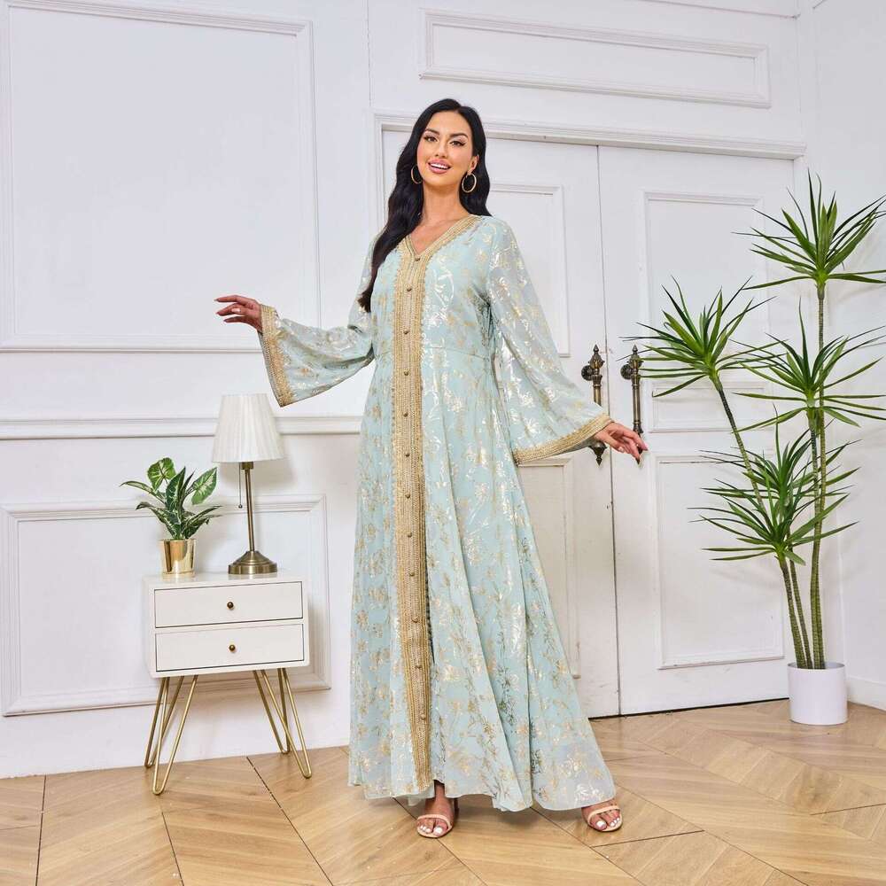 Mt084 Dubai Evening Muslim Clothing Dress Bottom Grab Flower Hot Stamped Fashion Robe