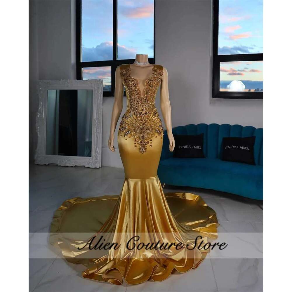 Gold Mermaid Evening Dress Bead Crystal Dias Elegant Birthday Party Dresses Woman 2024 Prom Gown Customized Dr0318