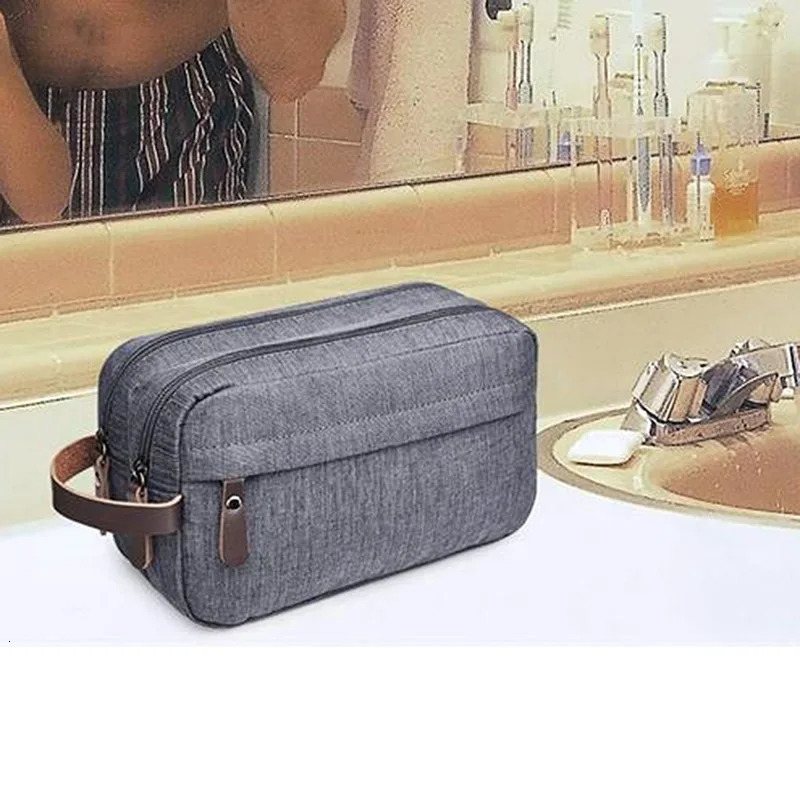 Casual Canvas Cosmetic Bag With Leather Handle Travel Men Wash Shaving Women Toiletry Storage Waterproof Organizer Bag 250314