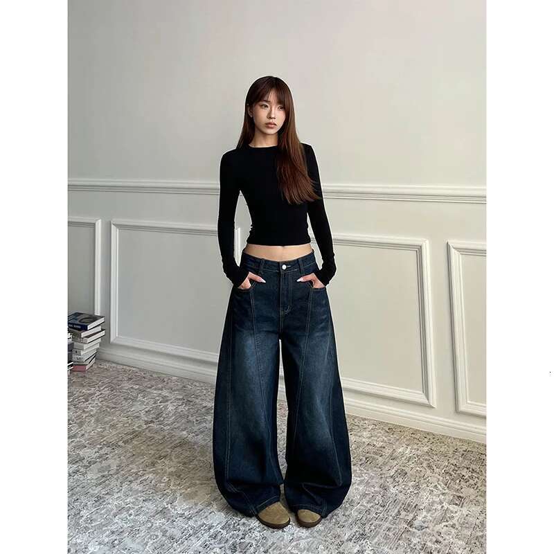 Blue Women's Retro Y2k 2000S Wide Leg Baggy Casual Denim Trouser High Waist Loose Jeans 2024 Autumn Haruku Full Length Pants