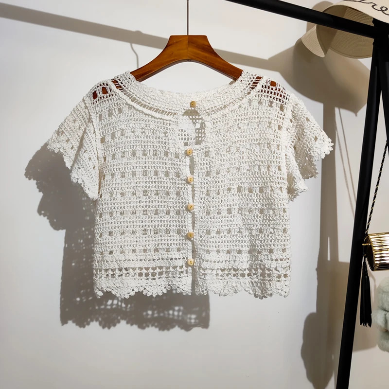 Embroidery Crochet Top Cardigan Flying Sleeve Wavy Hem Crop Tops for Women Korean Fashion Chic Spring Summer Outfit 250318