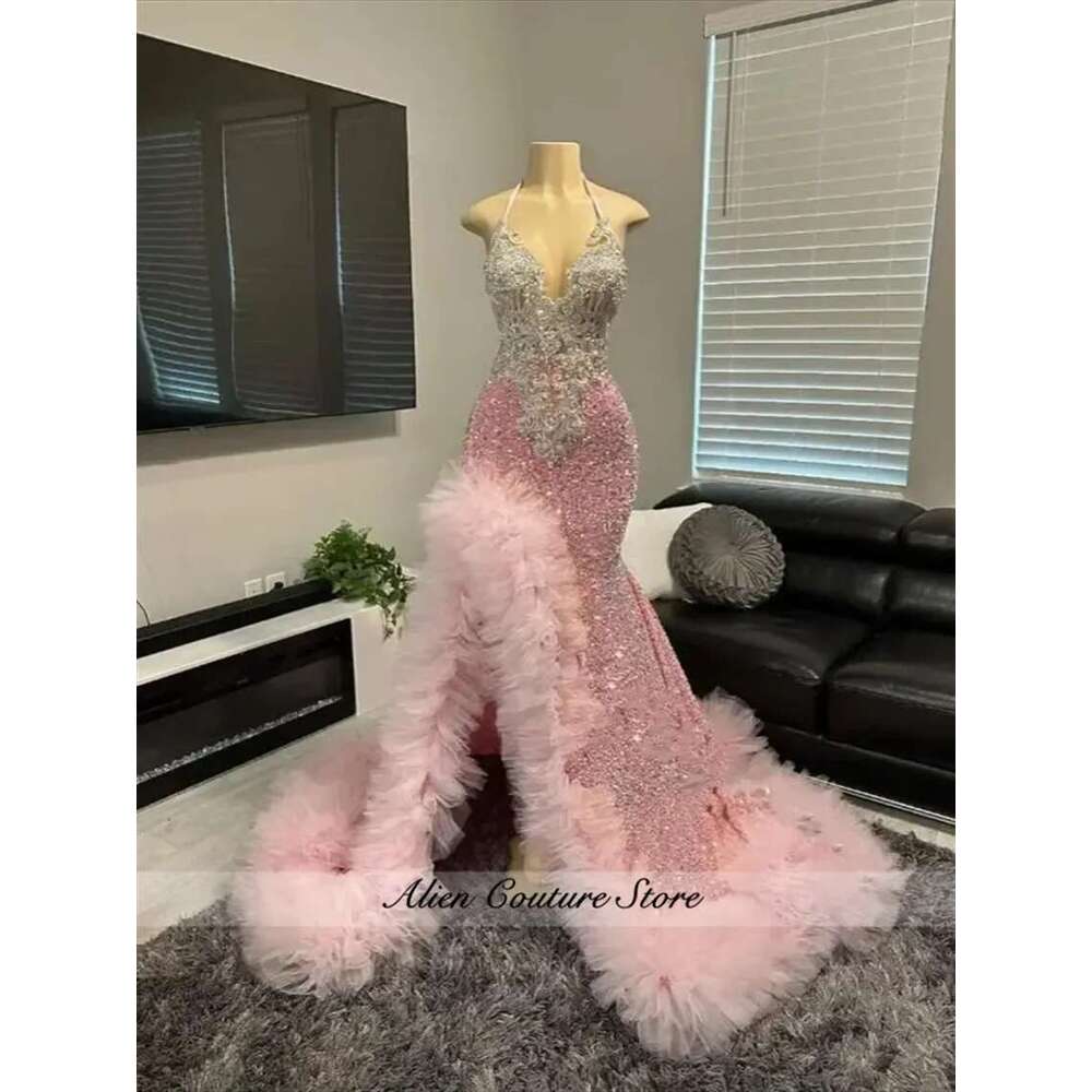 Exquisite Pink Prom Dress 2025 Ruffle Crystal Rhies Beading Halter Party Dresses Woman Birthday Gown Customized Dr0318