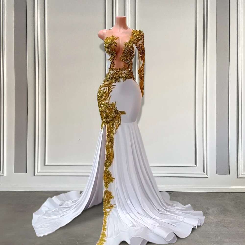 Elegant White Mermaid Prom Dresses For Black Girls Gold Crystal Split One Shoulder Long Sleeves Birthday Dress Customized Dr0318