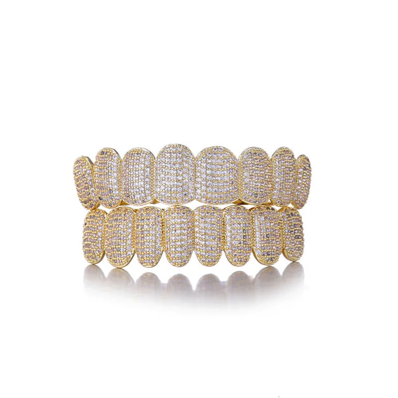 Hip Hop Full CZ Stones Teeth Caps Cubic Zircon Iced Out Micro Pave Top Bottom Charm Grills Set For Men Women Jewelry Gift 250318