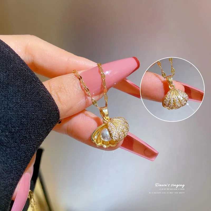 Korean Fashion Shell Pearl Necklace for Women Stainless Steel Creative Copper Micro -inlaid Marine Banquet Wedding Jewelry Gift W250318