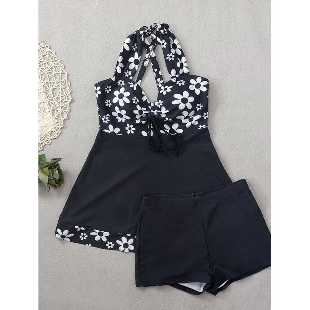 Vintage Black Floral Printed Bikini Skirt Set 2025 Pre knot High Shorts Swimsuit Women's High Waist Swimsuit Tankini