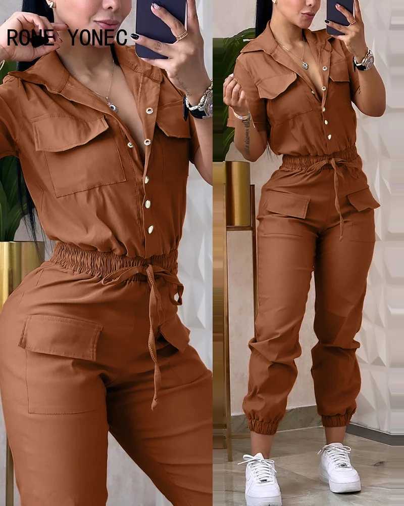 2024 Womens Solid Collar Elastic Waist Pull Rod Hidden Button Multi Pocket Short Slves Work Clothes X250318
