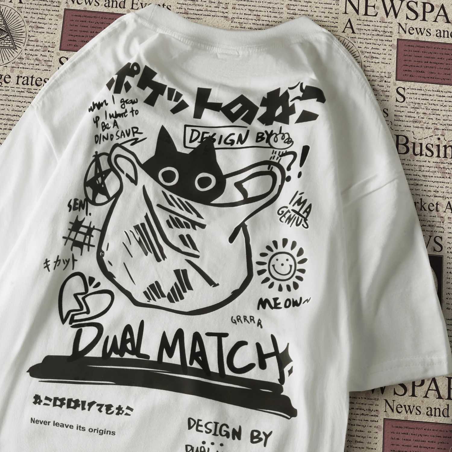 Men Women Cartoon T-Shirts 2024 Summer Harajuku Kawaii Cat Printed Short Sleeve Tees Couple Streetwear Loose Clothes Y2K TopsXJ250318