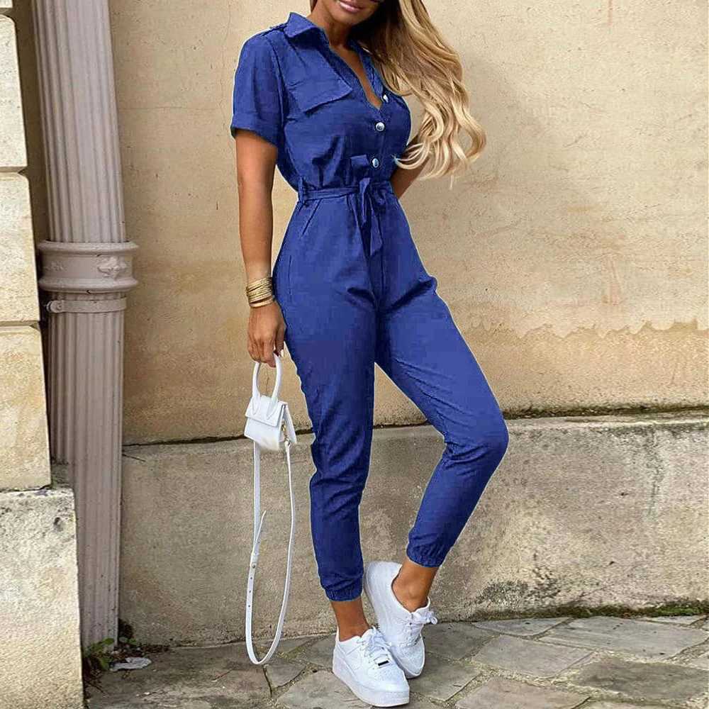 Letters Printed Black Casual Short Slve Cargo Long Pants Jumpsuits With Belt Women Summer Half Button Female Overalls Jumpsuit X2503181