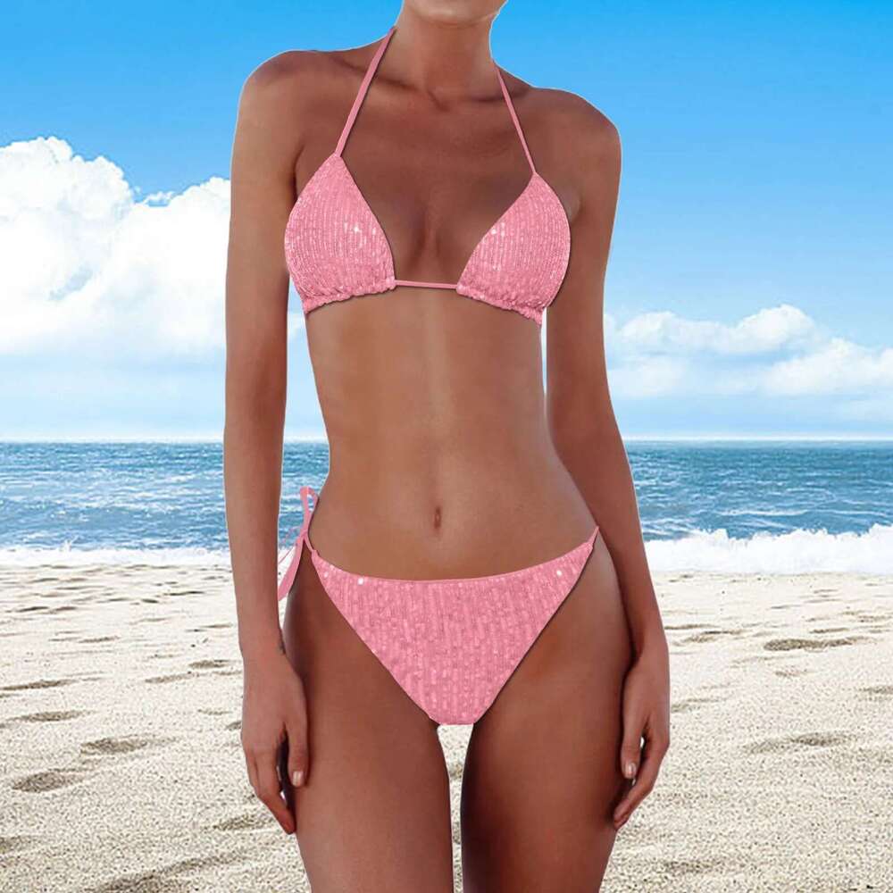 Women's sequin triangle swimsuit, sexy bikini, liquor swimsuit, beachwear, swimming document, 2025, 2024
