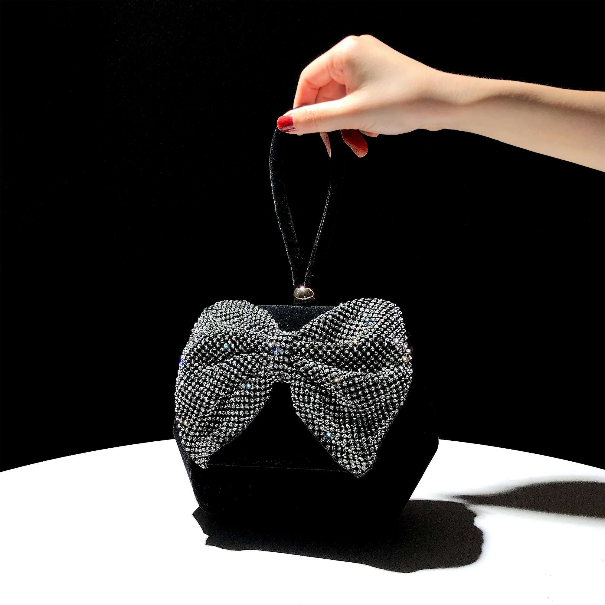 Fashion Women Handbag Veet Hobo Glitter Shiny Dias Bow Knot Evening Wedding Party Clutch Purse Shoulder Bag
