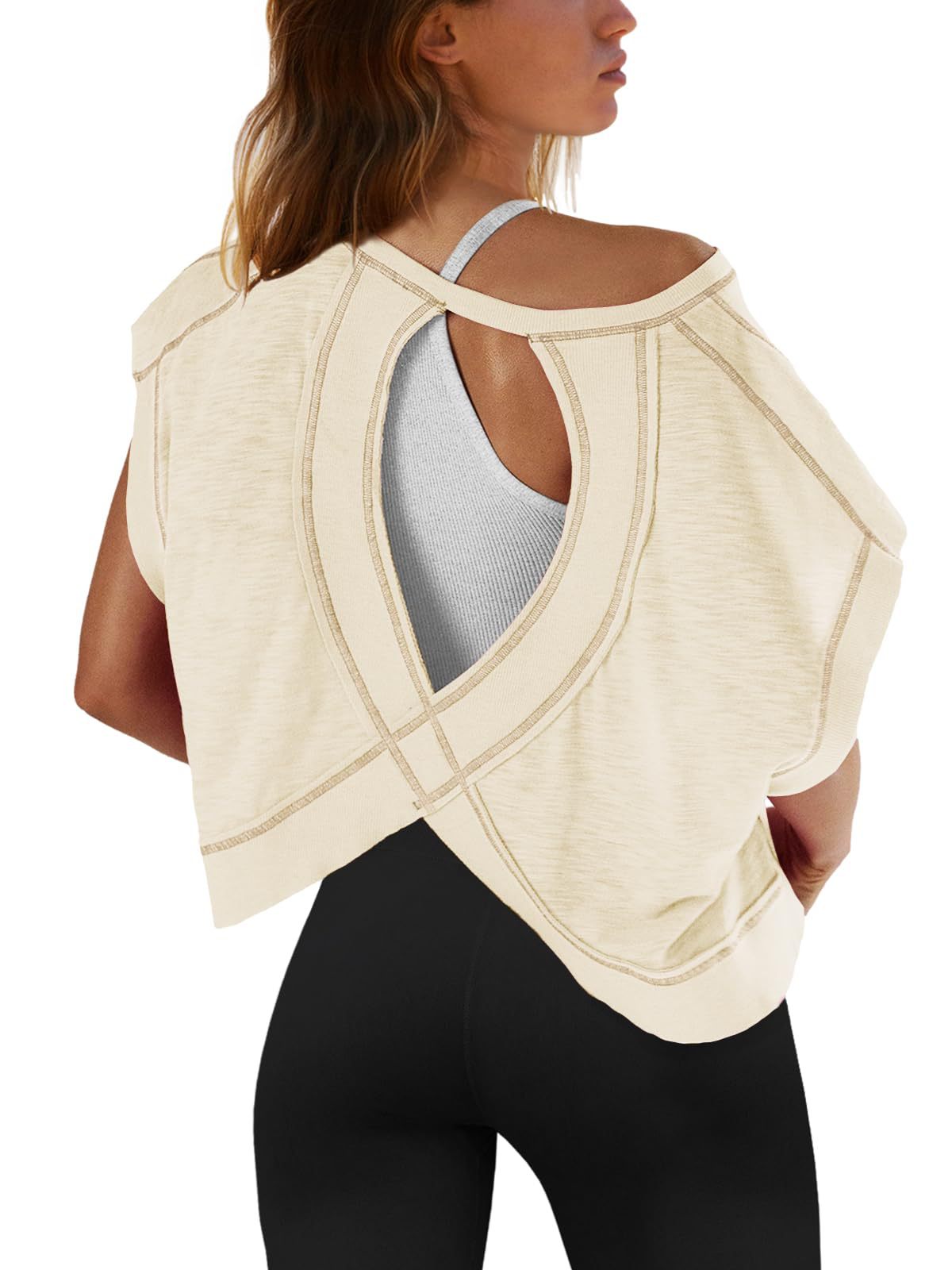 Womens T Shirts 2025 New Womens Back Sports Yoga T-shirt Loose Casual Breathable