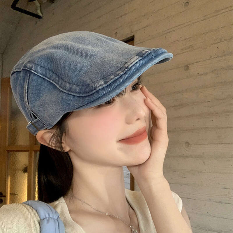 Washed denim forward women's Korean version big head circumference showing face small beret British style artistic hat