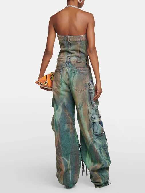 Sexy American hot girl tight strapless jumpsuit retro washed multi pocket cargo pants fashionable denim jumpsuit X250318
