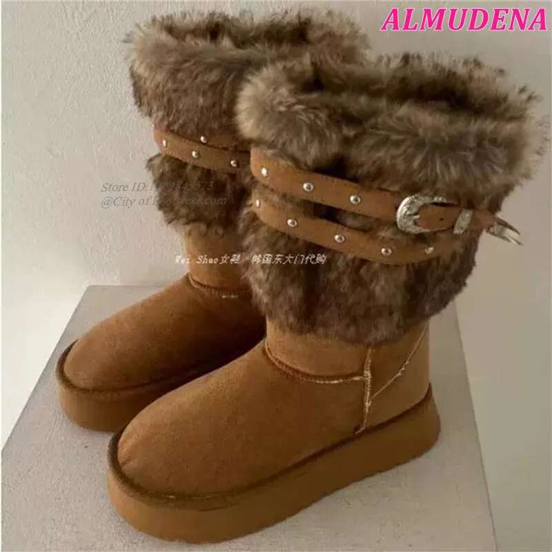 Flat Platform Brown Fur Snow Boots Women's Round Toe Buckled Winter Warm Mid Calf Boot Designer Soft Causal Dress Shoes