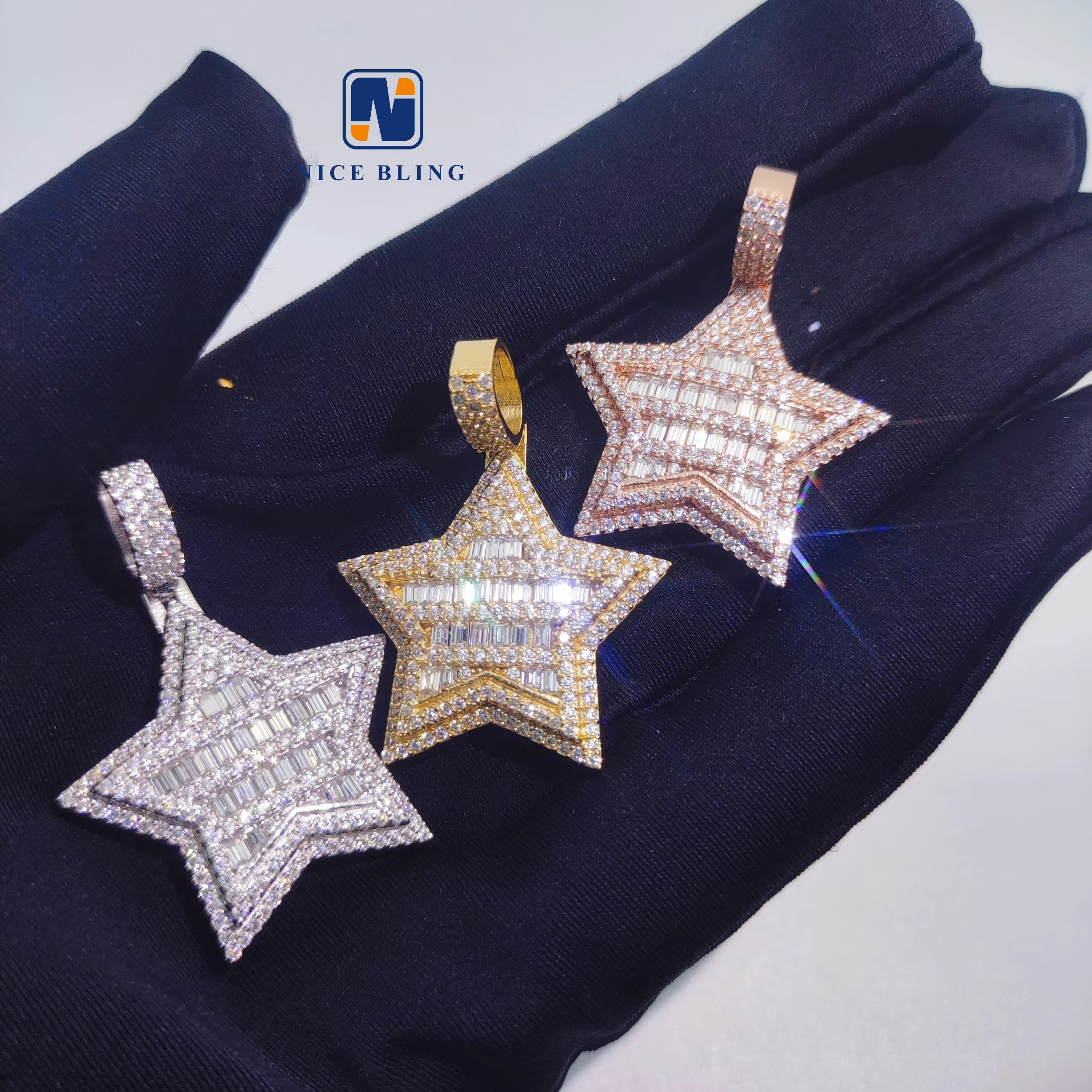 Hip Hop Pendants Gold Plated 925 Silver Moissanite Pendant Baguette Diamond Five Stars Charm Pendants for Men Women