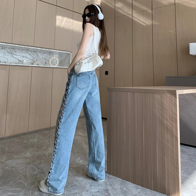 woven hollow womens jeans high waisted straight denim pants spring and summer casual wide leg Trouser strtwear Z260313