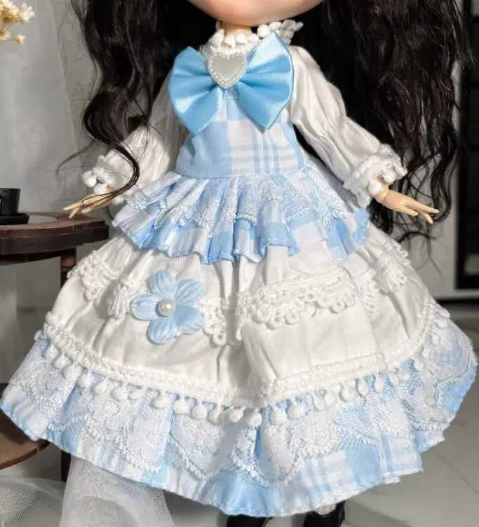 1 piece of vintage style clothing blythe doll outfit blue bow one piece dress 1/6 30cm (suitable for Pullip Ob22/24/26 Licca) X250318