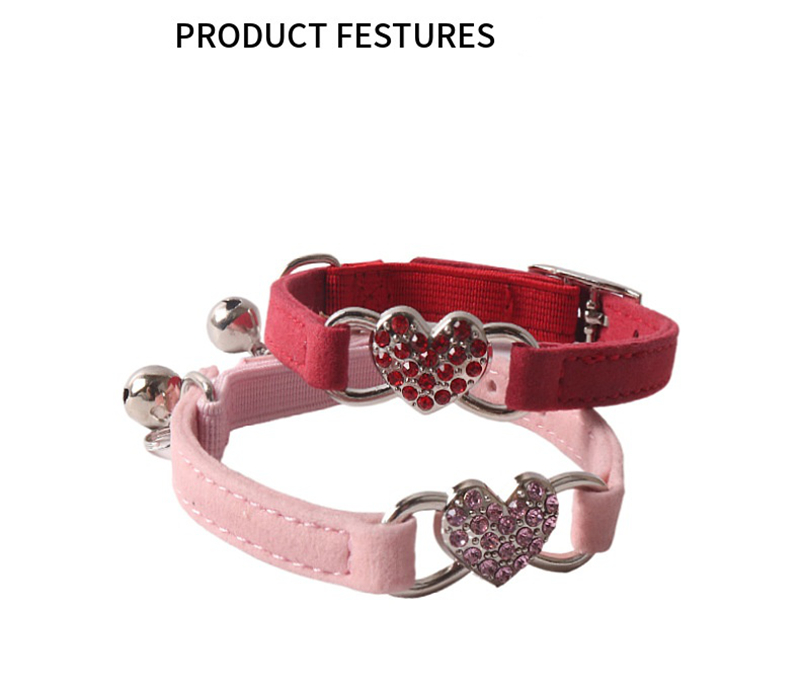 Suede Cat Collar with Metal Heart Inlaid with Rhinestones Decoration, Bell Kitten Collar, Adjustable Cat Collar for Boy Cats, Girl Cats with Safety El