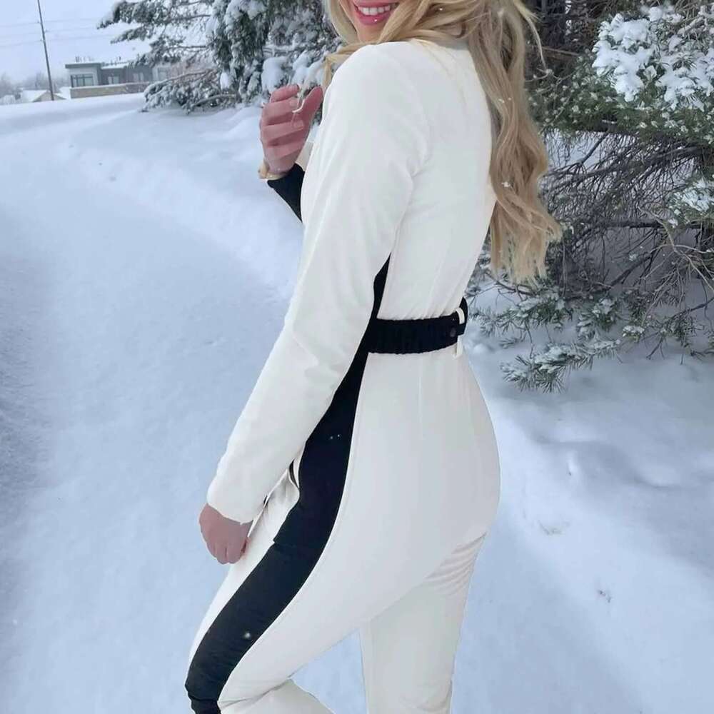 Tight Dress Patchwork Waterproof Ski Suit Women One-Piece Full Zipper Slim Snowboard Overalls With Belt Winter Outdoor Sports Skiing Clothes