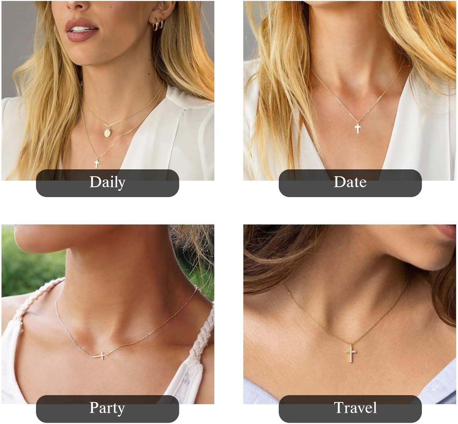 Necklace, 14K Plated Layered Small Side Cross Necklace Gold Jewelry Gift Ladies' Fashion